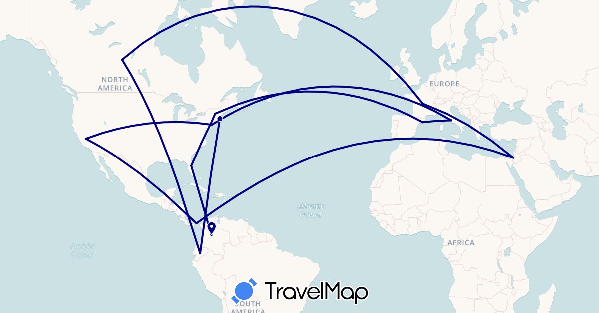 TravelMap itinerary: driving in Canada, Colombia, Ecuador, Spain, France, Israel, Italy, Panama, United States (Asia, Europe, North America, South America)